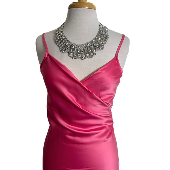 Hot Pink Satin Slip Midi Dress Spaghetti Strap Cocktail Party Formal Gown Sz S - Picture 3 of 12